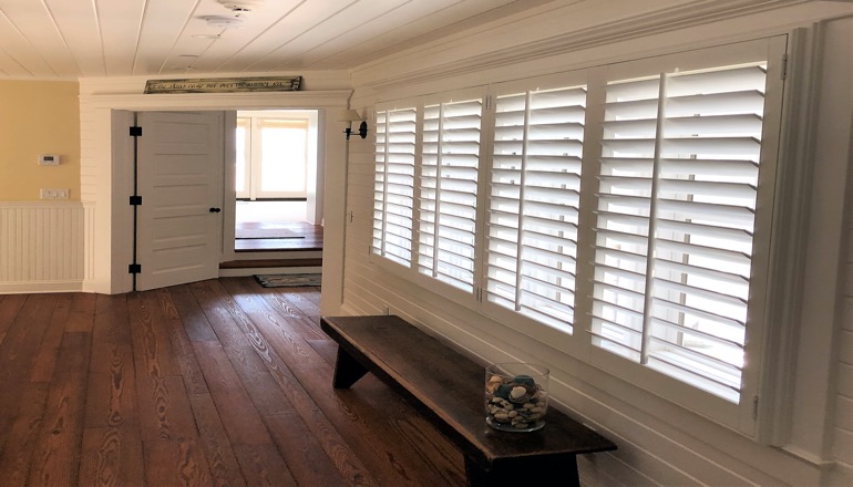 Faux wood plantation shutters in San Diego